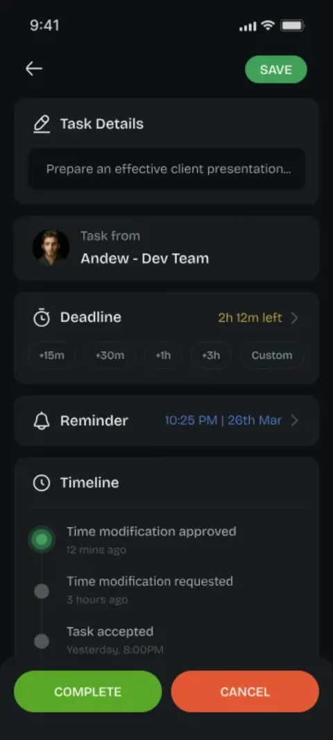 Youliable Task Control — secondary app screen