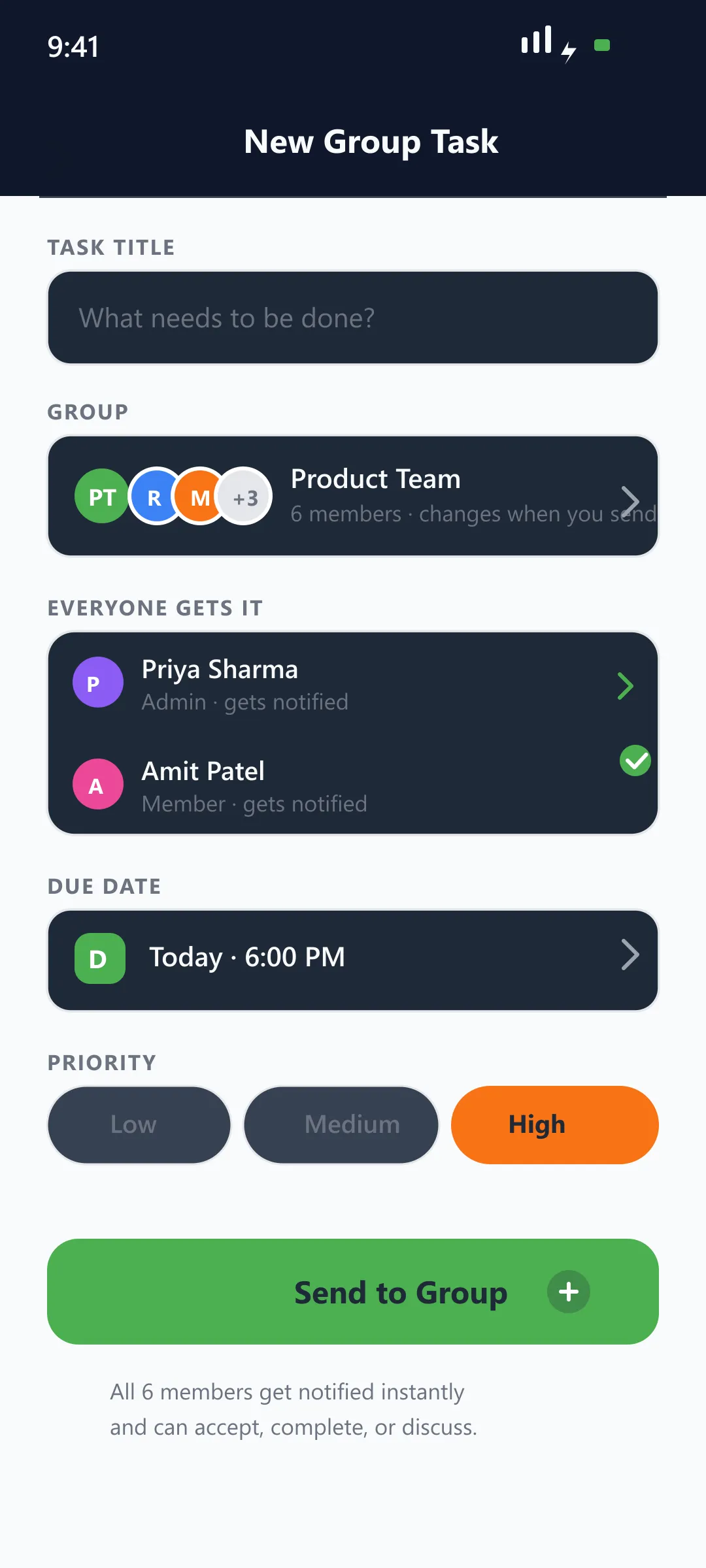 Youliable Group Create (Dark) — task management app screen