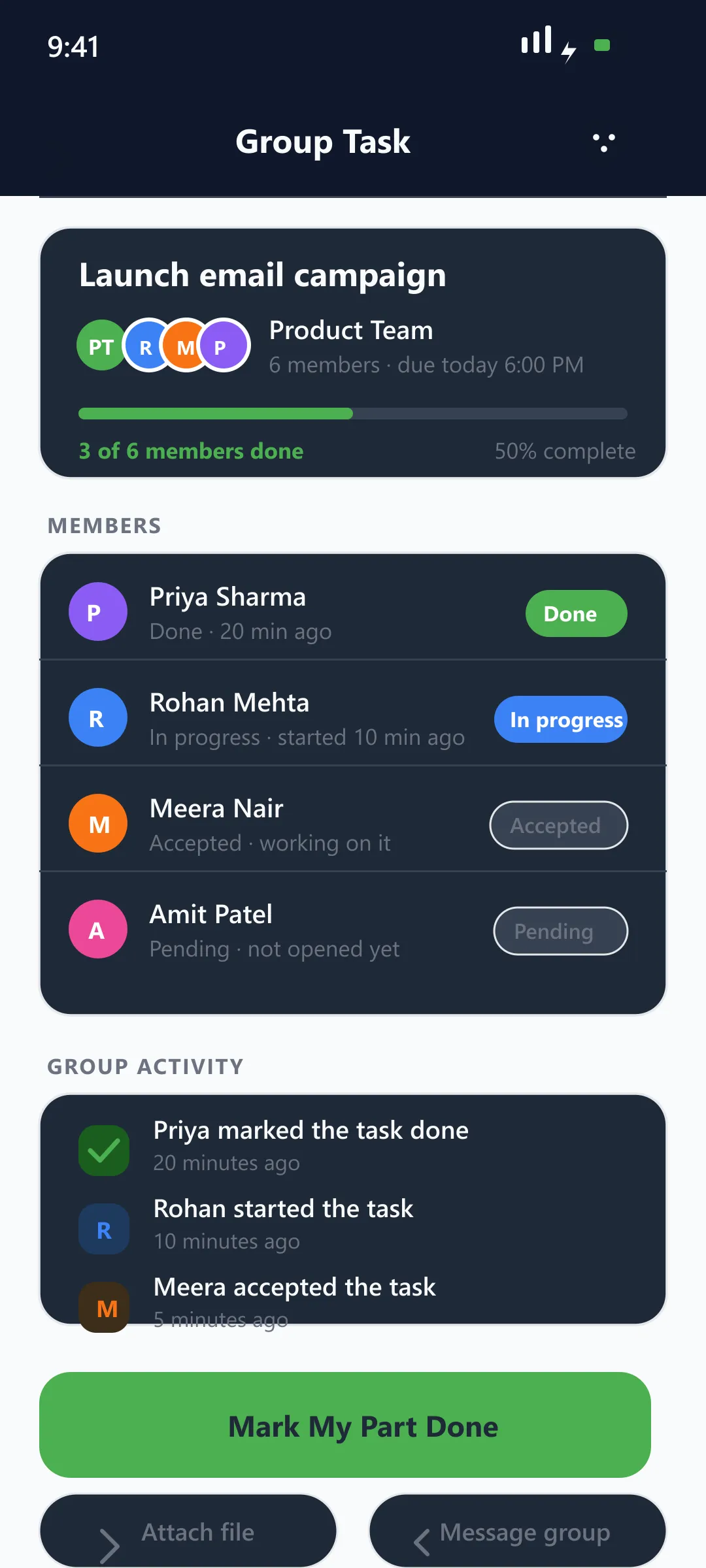 Youliable Group Detail (Dark) — task management app screen