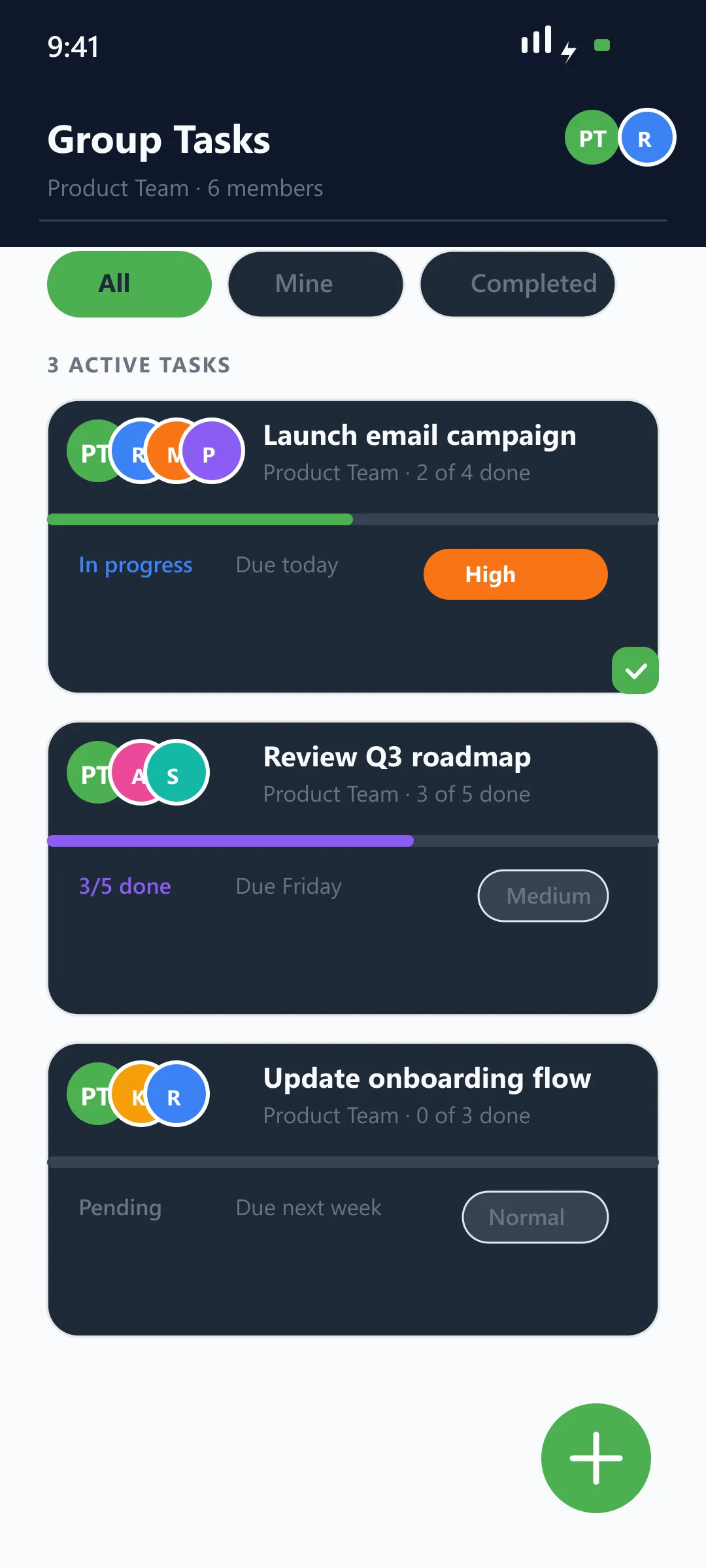 Youliable Group Tasks (Dark) — task management app screen