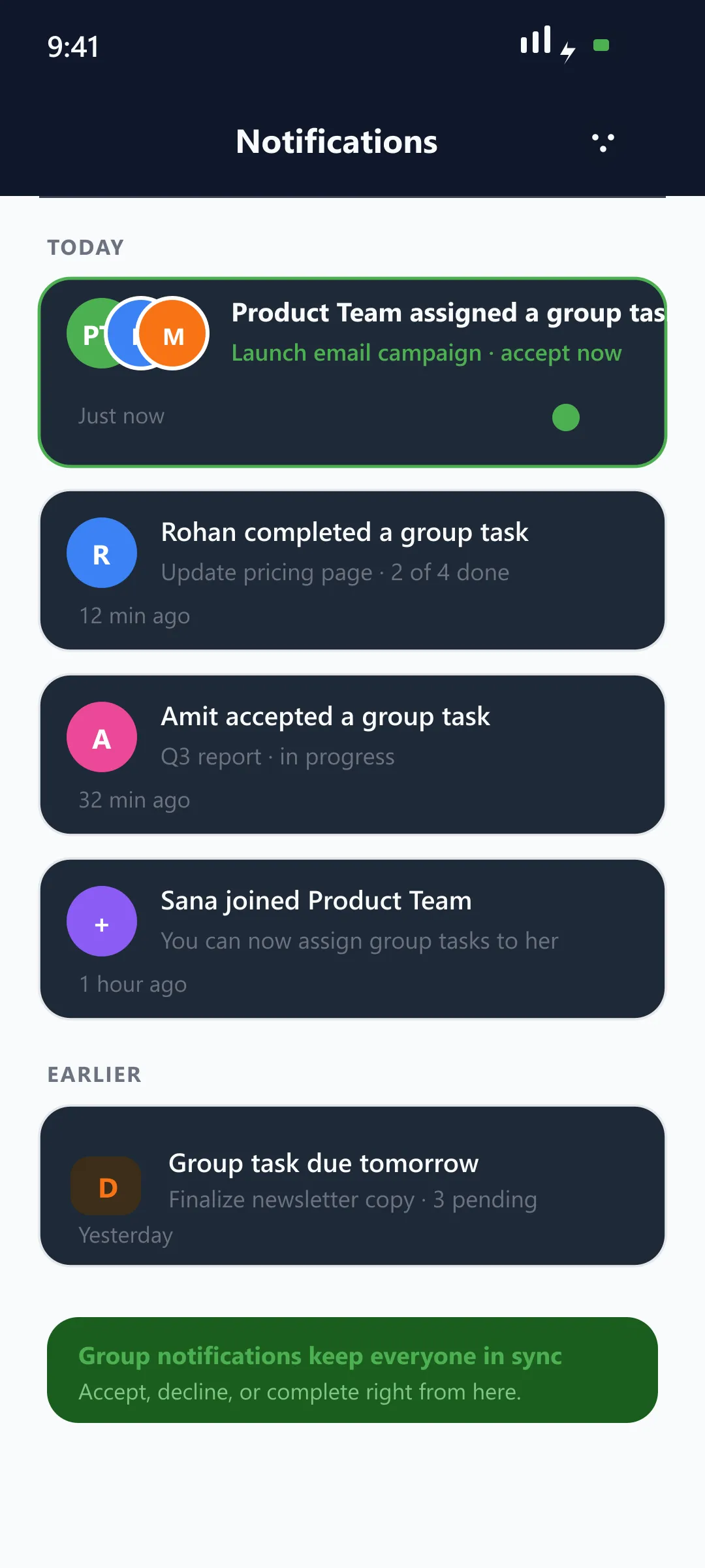 Youliable Group Notif. (Dark) — task management app screen