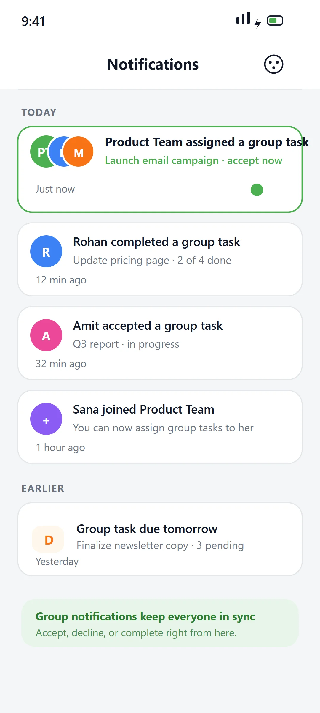 Youliable Group Notification — task management app screen