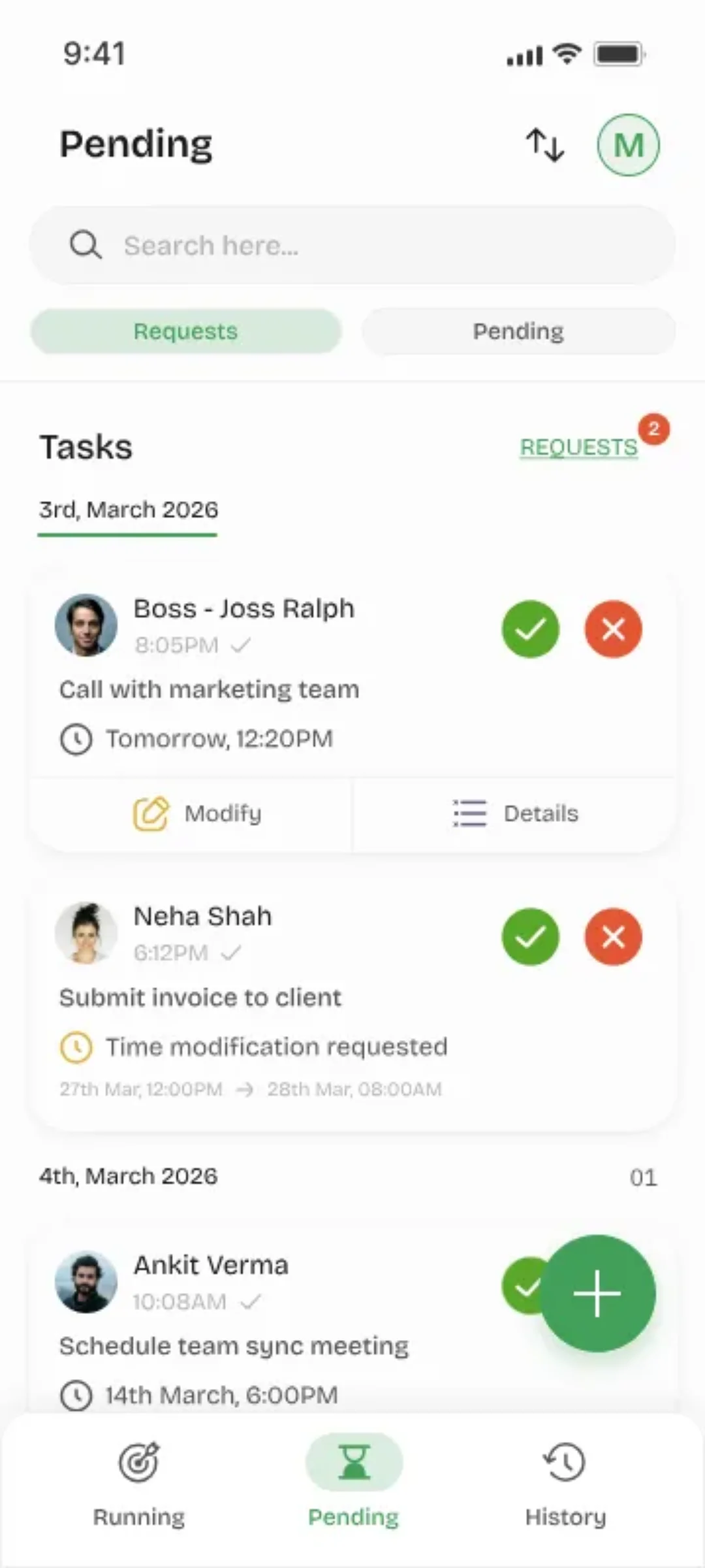 Youliable Pending Requests — task management app screen