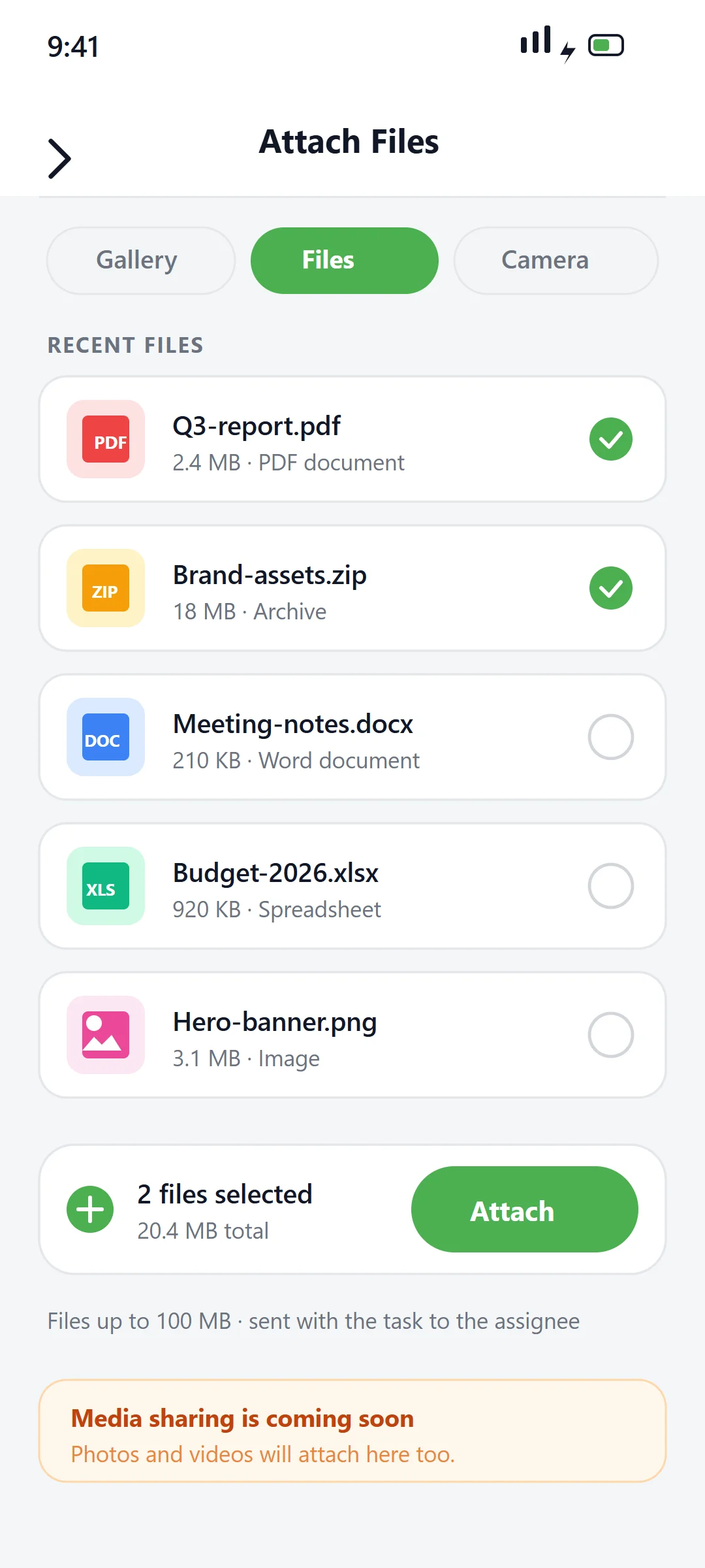 Youliable Attach Files — task management app screen