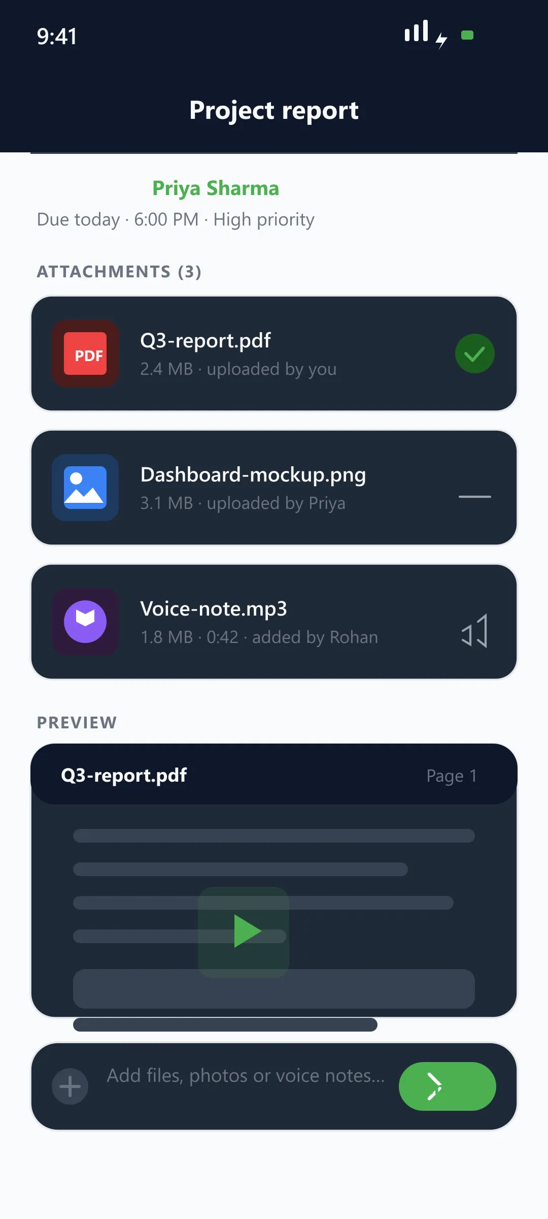 Youliable File Preview (Dark) — task management app screen