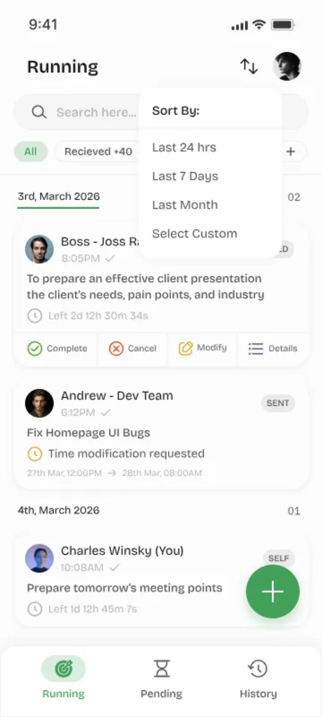 Youliable Sort Options — task management app screen